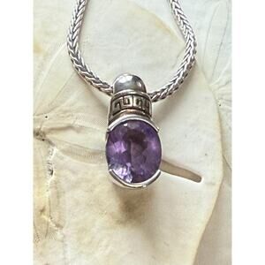 Amethyst Pendant Necklace: Portuguese Sterling Silver Greek Key Design